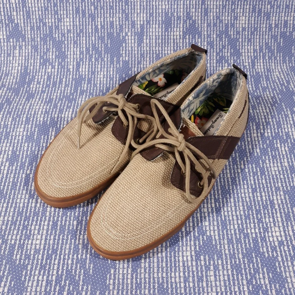 Tommy Bahama Boat Shoes Mens 11 Leather Upper Lace Up Beige Brown